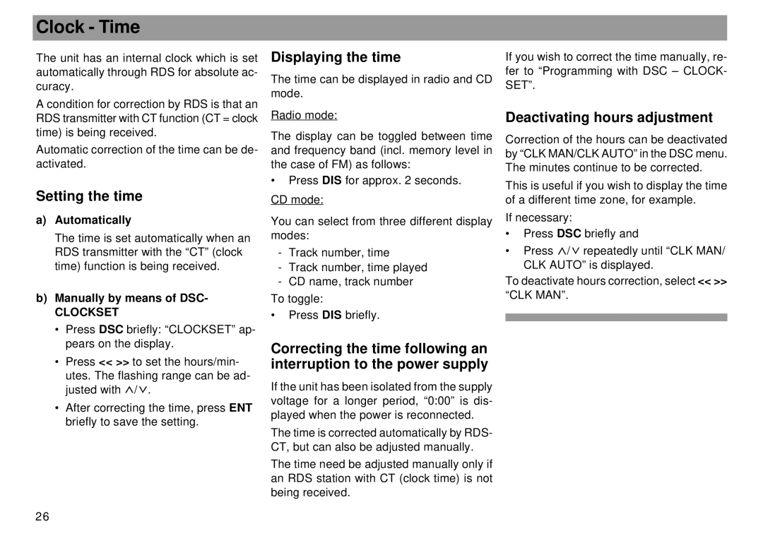 Blaupunkt Mnchen RDM 169 Clock Time, Setting the time, Displaying the time, Deactivating hours adjustment, Clockset 