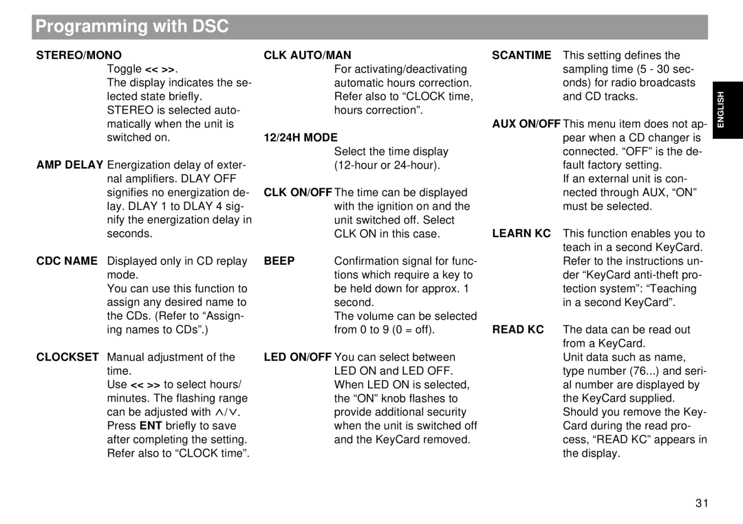 Blaupunkt Mnchen RDM 169 operating instructions Programming with DSC, Stereo/Mono, Clk Auto/Man, 12/24H Mode 