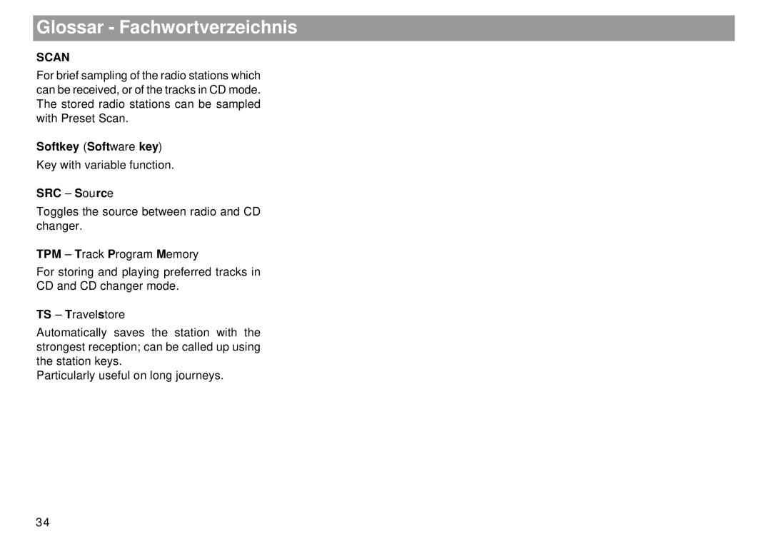 Blaupunkt Mnchen RDM 169 Glossar Fachwortverzeichnis, Scan, Softkey Software key, Key with variable function 