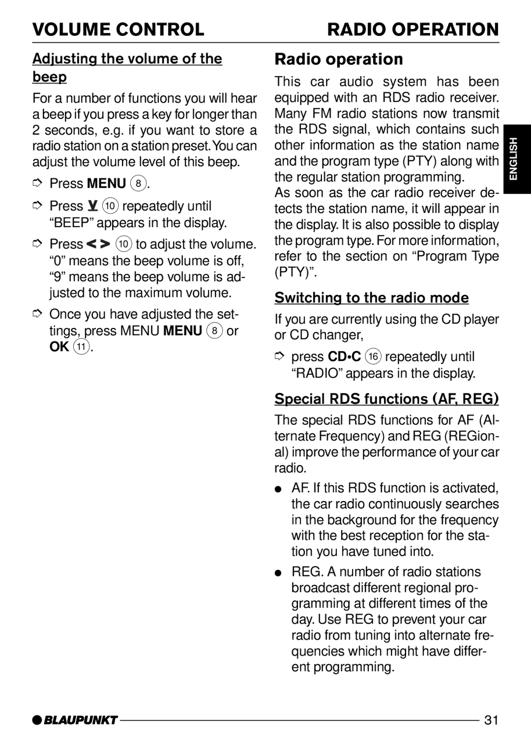 Blaupunkt MODENA CD50 Radio Operation, Radio operation, Adjusting the volume of the beep, Switching to the radio mode 