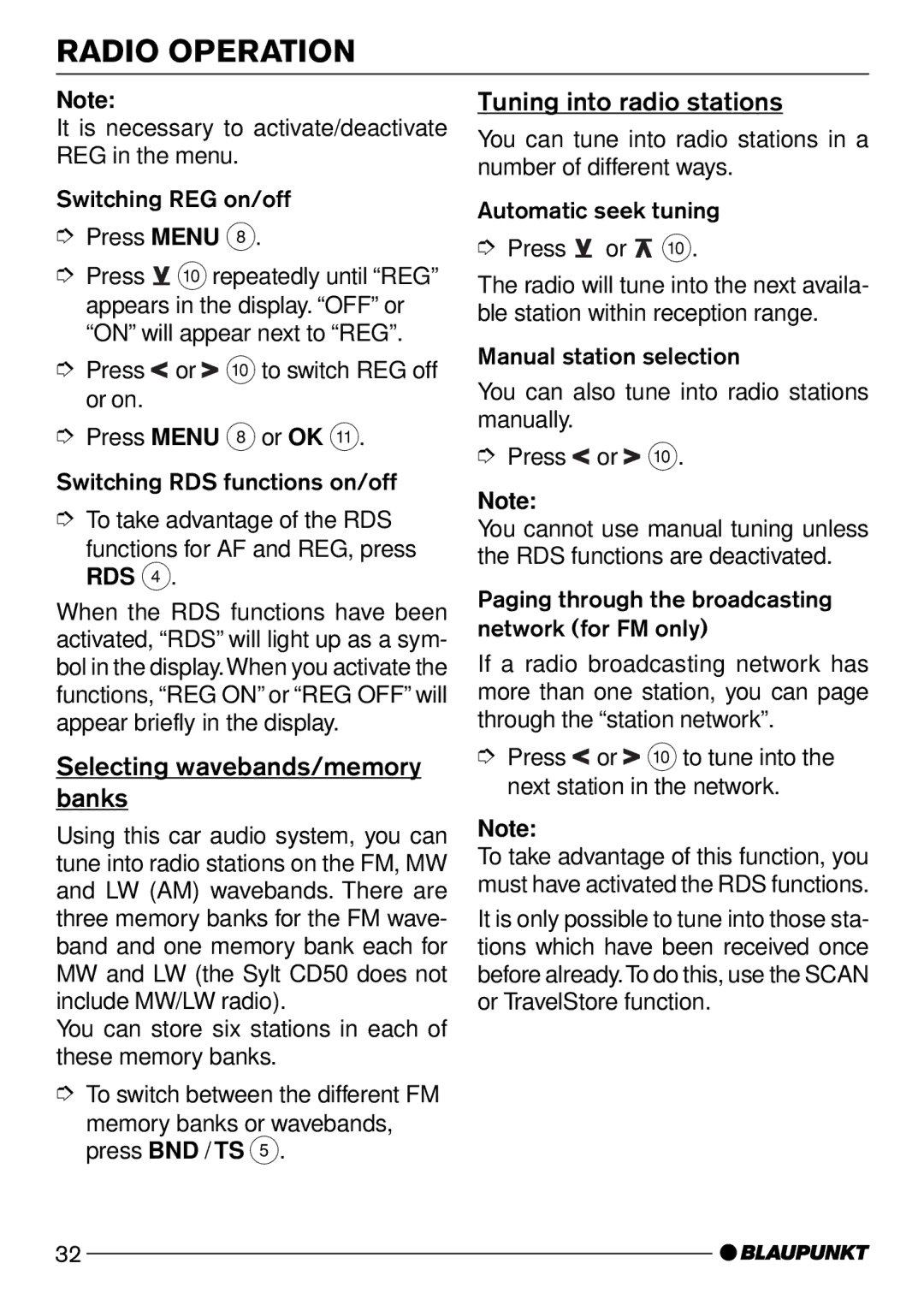 Blaupunkt DJ50, MODENA CD50 Tuning into radio stations, Selecting wavebands/memory, Banks, Press or to tune into 