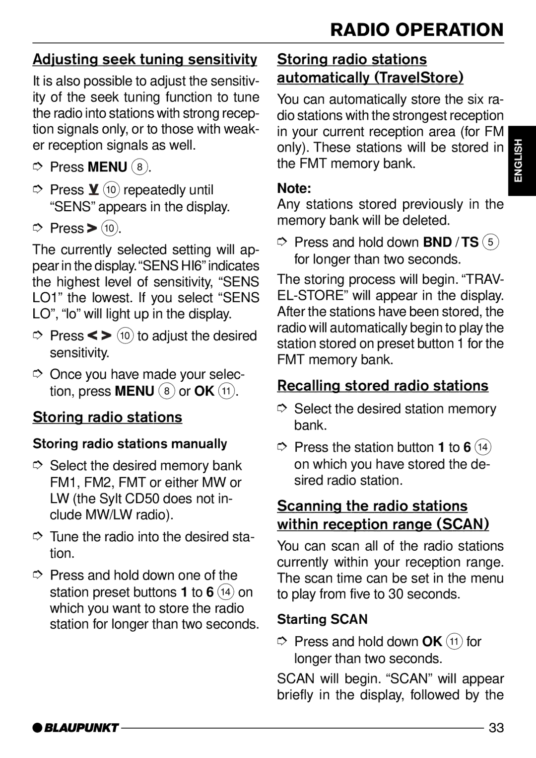 Blaupunkt MODENA CD50, DJ50 Adjusting seek tuning sensitivity, Storing radio stations, Recalling stored radio stations 