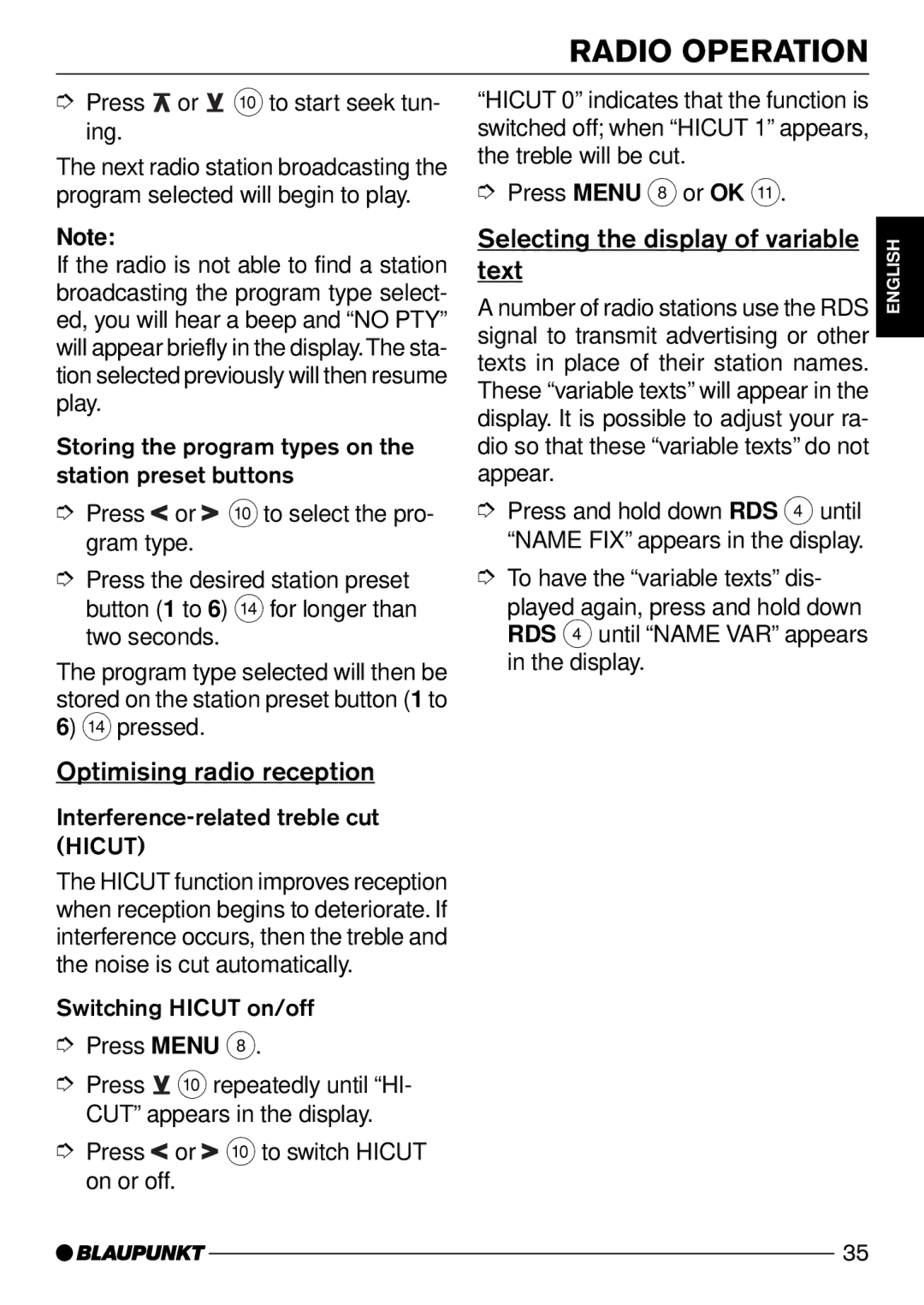 Blaupunkt MODENA CD50, DJ50 operating instructions Optimising radio reception, Selecting the display of variable, Text 