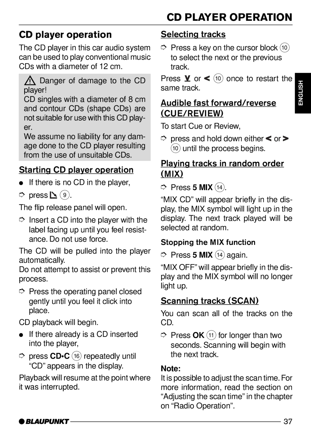 Blaupunkt MODENA CD50, DJ50 operating instructions CD Player Operation, CD player operation 