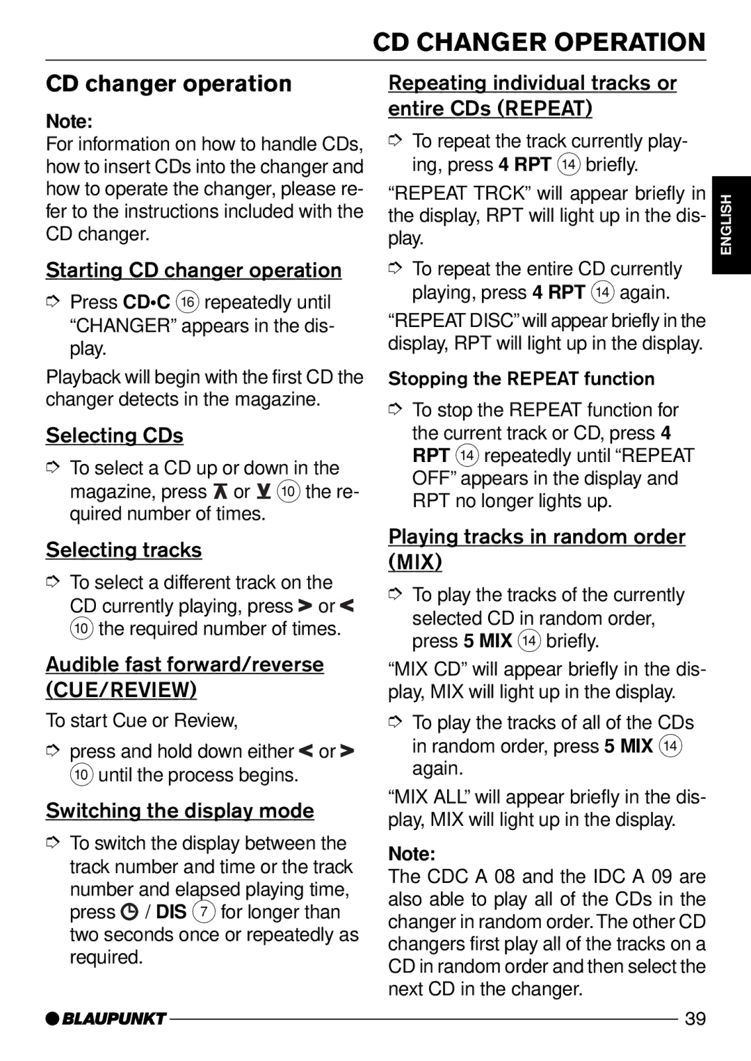 Blaupunkt MODENA CD50, DJ50 operating instructions CD Changer Operation, CD changer operation 