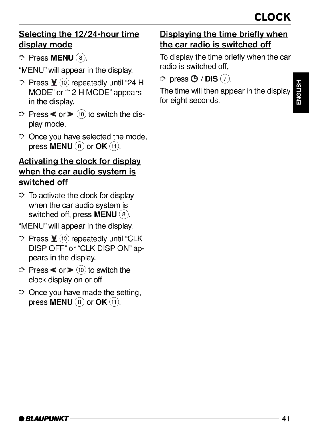 Blaupunkt MODENA CD50, DJ50 operating instructions Clock, Selecting the 12/24-hour time display mode 