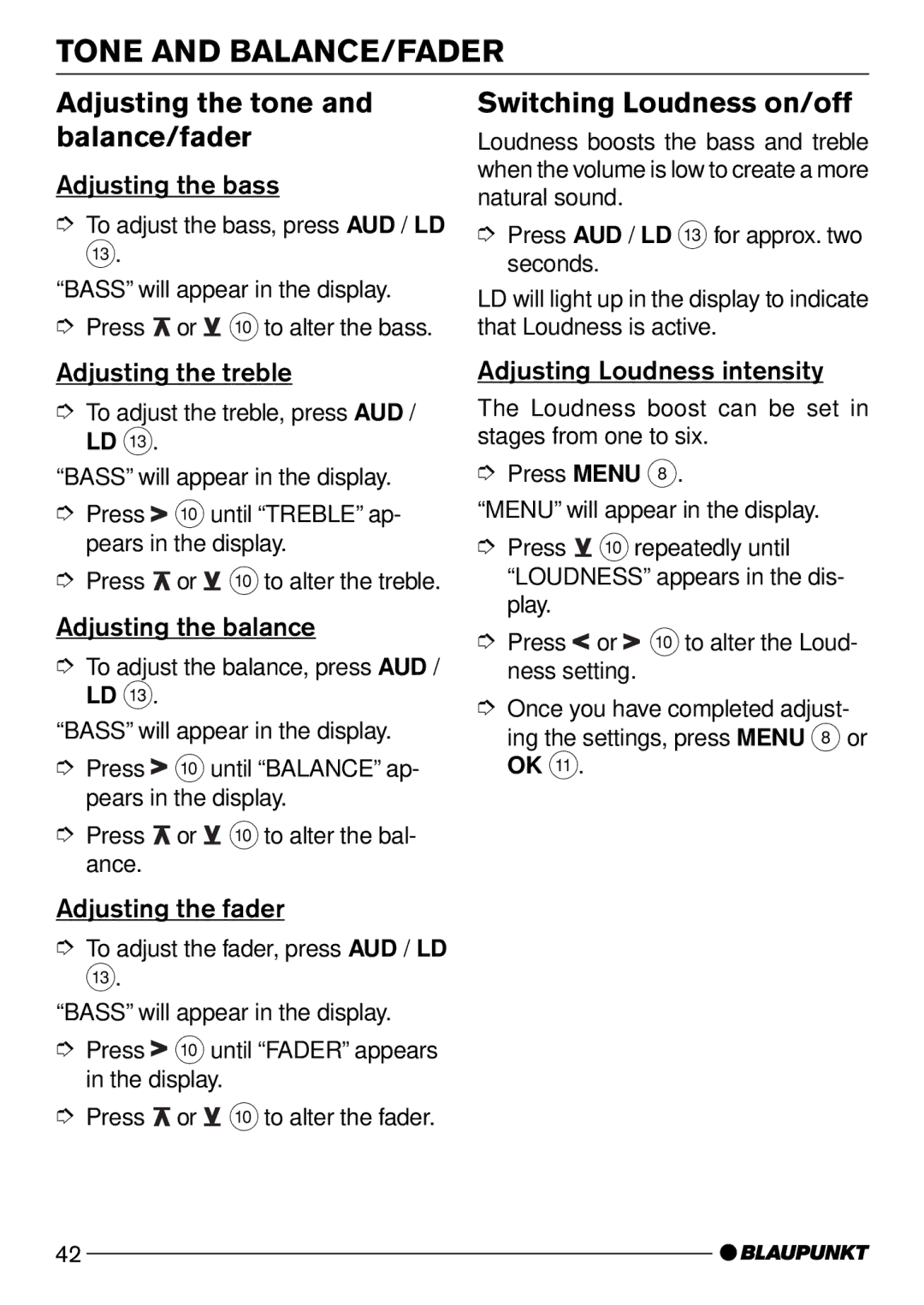 Blaupunkt DJ50, MODENA CD50 Tone and BALANCE/FADER, Adjusting the tone and balance/fader, Switching Loudness on/off 