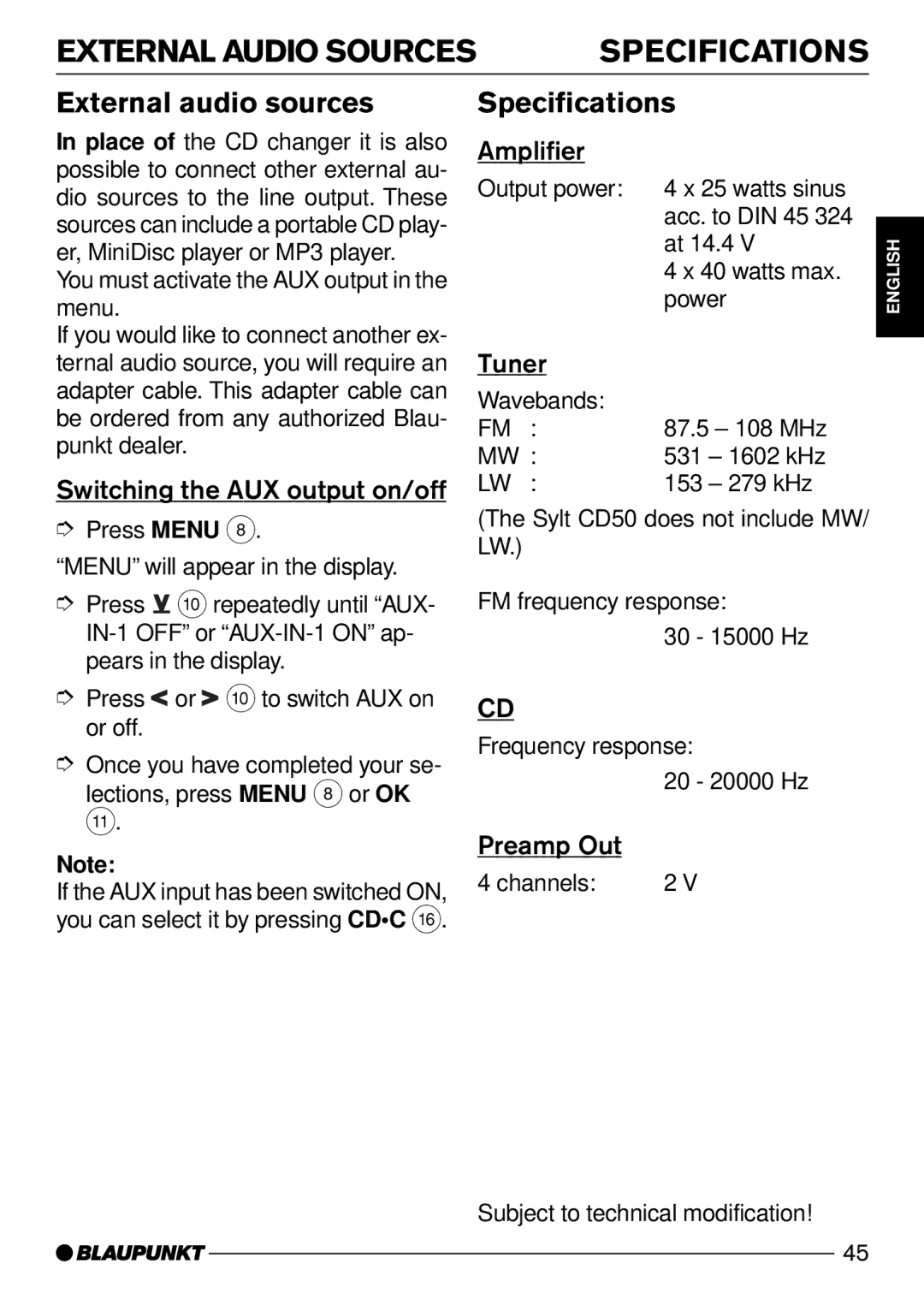 Blaupunkt MODENA CD50, DJ50 operating instructions External Audio Sources Specifications, External audio sources 