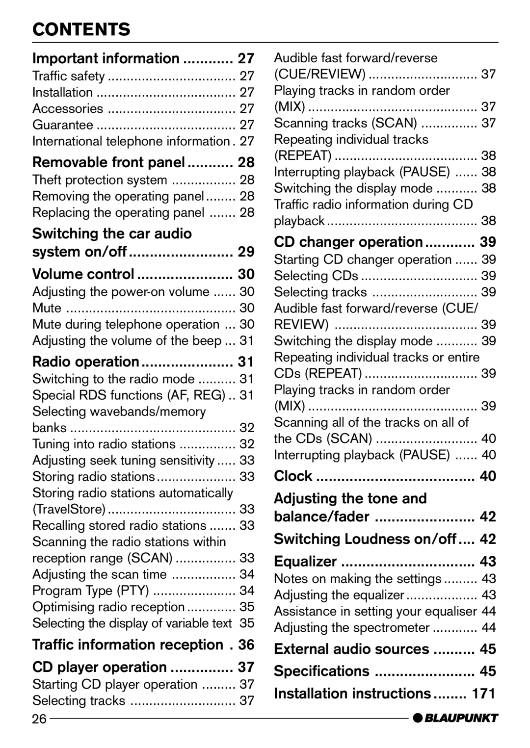 Blaupunkt DJ50, MODENA CD50 operating instructions Contents 