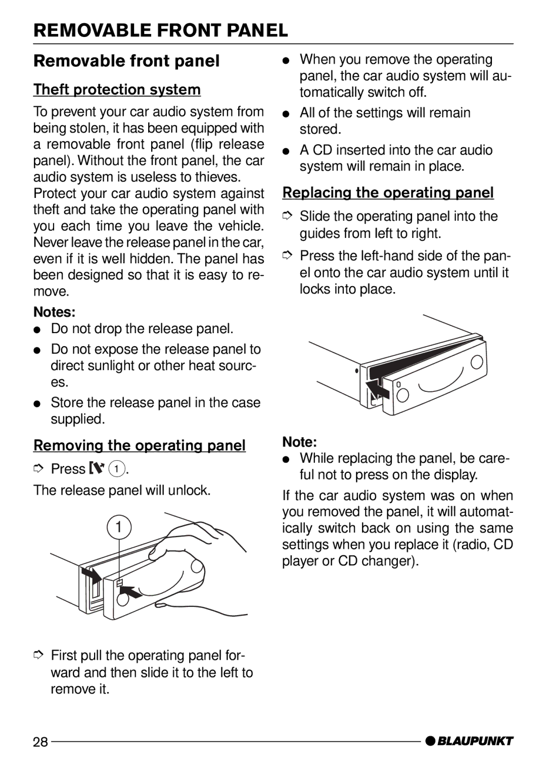 Blaupunkt DJ50 Removable Front Panel, Removable front panel, Theft protection system, Removing the operating panel 