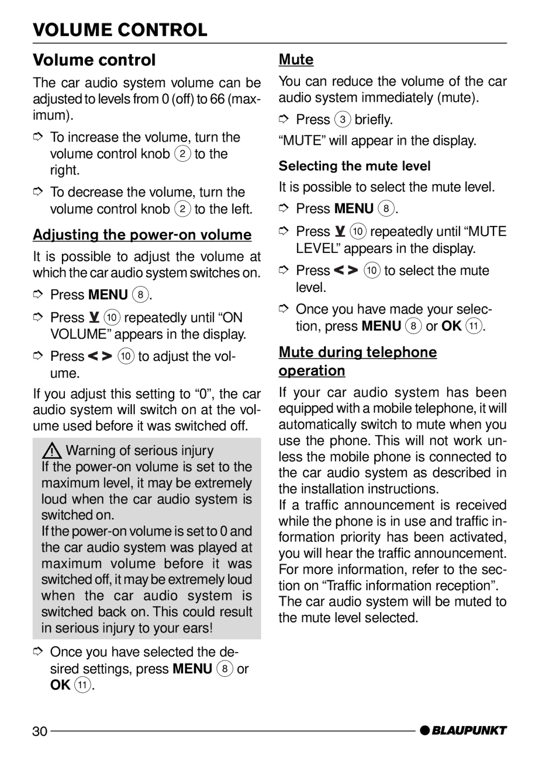 Blaupunkt DJ50 Volume Control, Volume control, Adjusting the power-on volume, Mute during telephone operation 