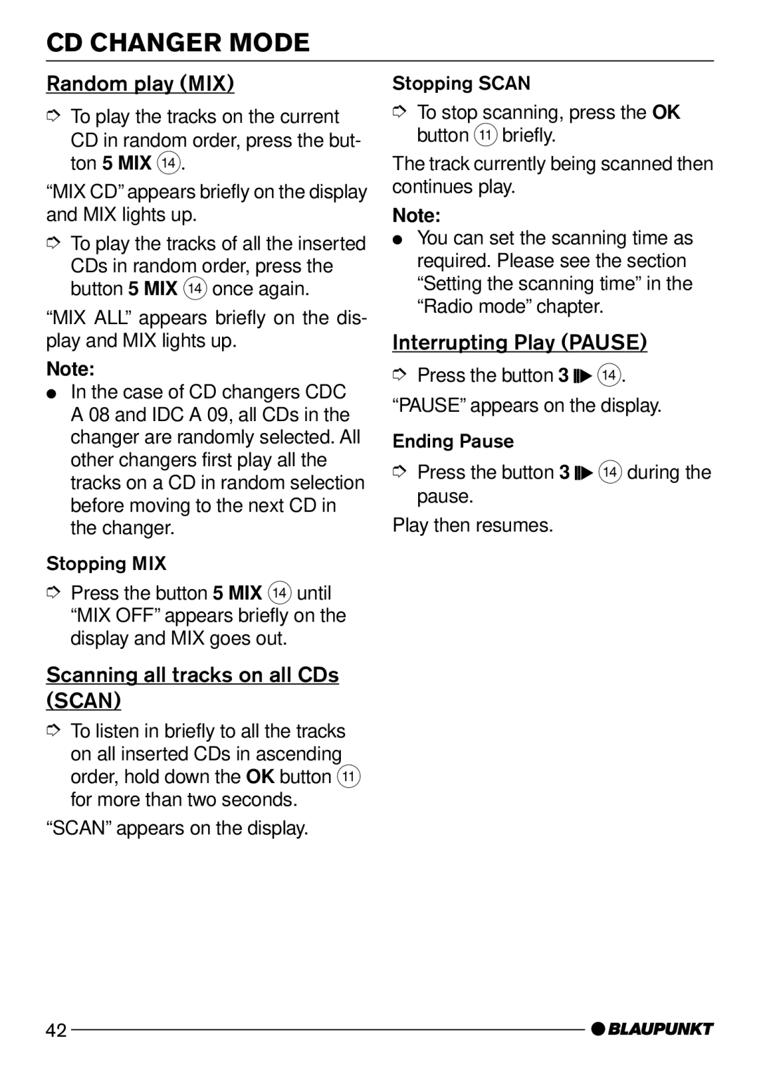 Blaupunkt Mnchen CD51, Modena CD51 operating instructions Random play MIX, Scanning all tracks on all CDs Scan 