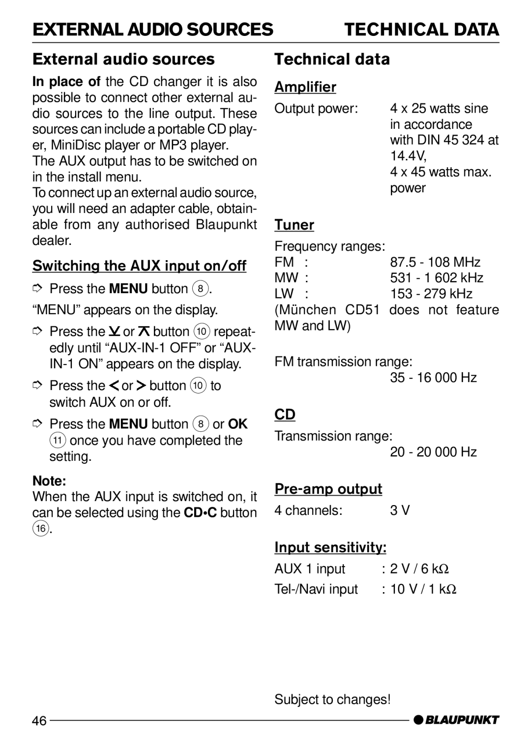 Blaupunkt Mnchen CD51, Modena CD51 operating instructions External Audio Sources, External audio sources, Technical data 