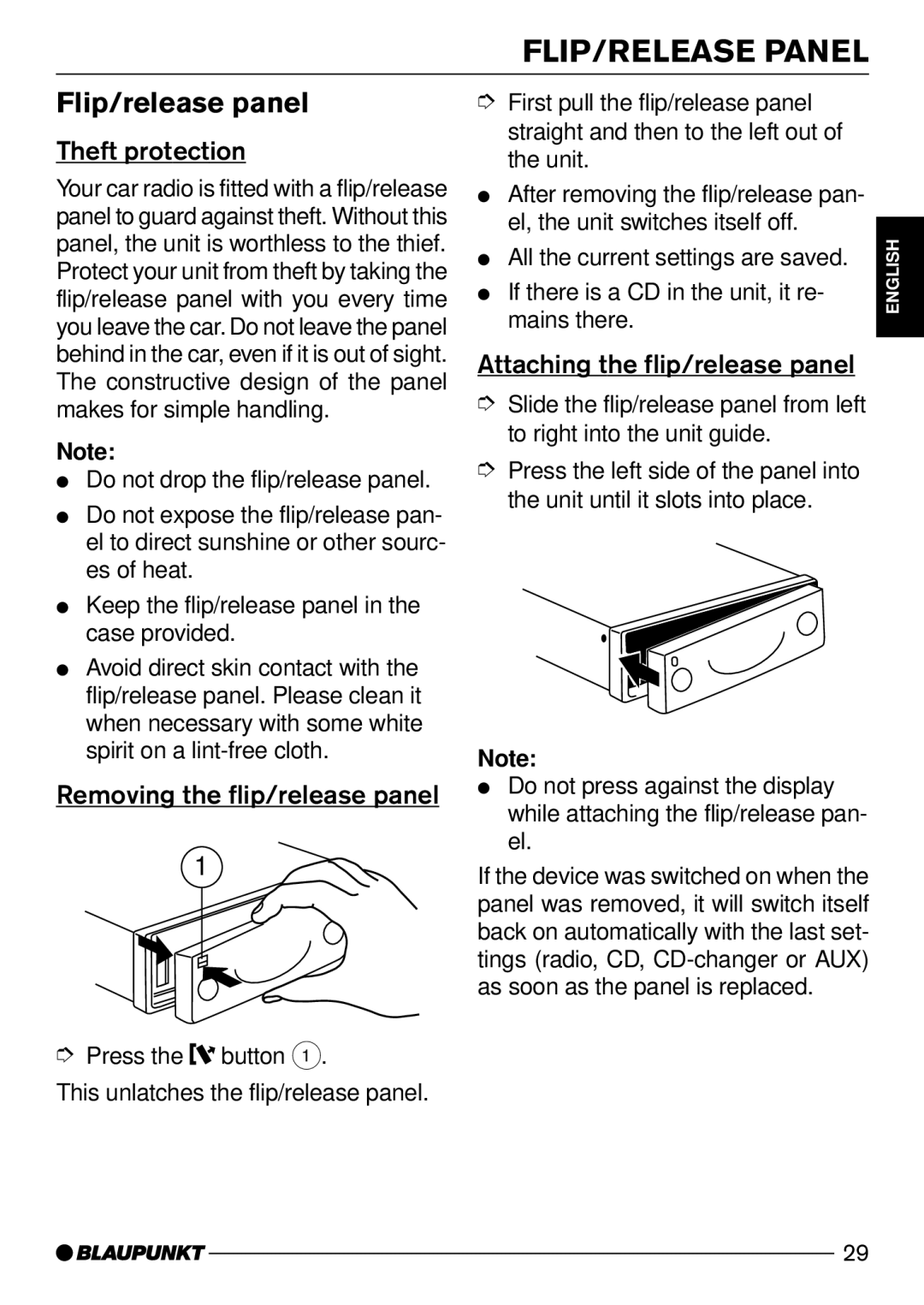 Blaupunkt Modena CD51 FLIP/RELEASE Panel, Flip/release panel, Theft protection, Removing the flip/release panel 