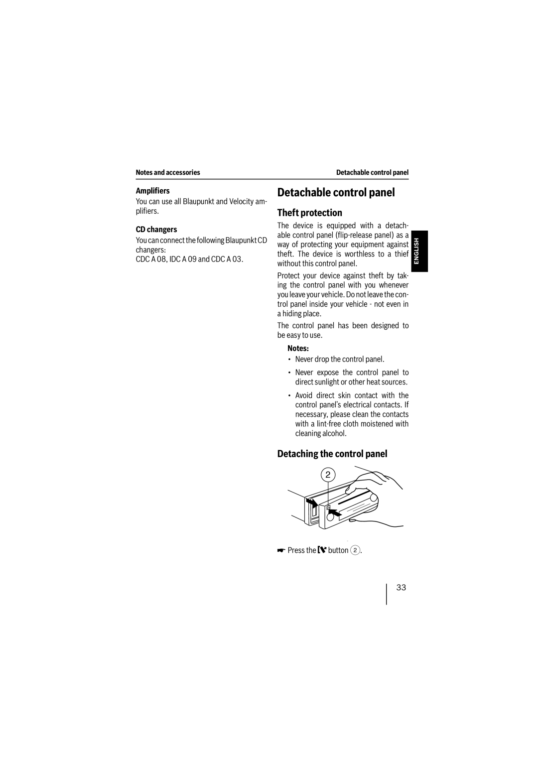Blaupunkt MP26 Detachable control panel, Theft protection, Detaching the control panel, Ampliﬁers, CD changers 