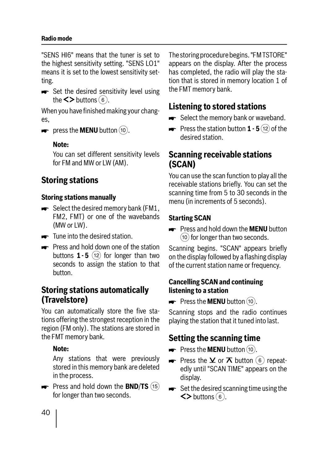 Blaupunkt MP27 operating instructions Storing stations, Listening to stored stations, Scanning receivable stations Scan 