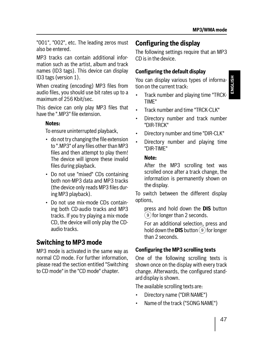 Blaupunkt MP27 Switching to MP3 mode, Conﬁguring the default display, Conﬁguring the MP3 scrolling texts 