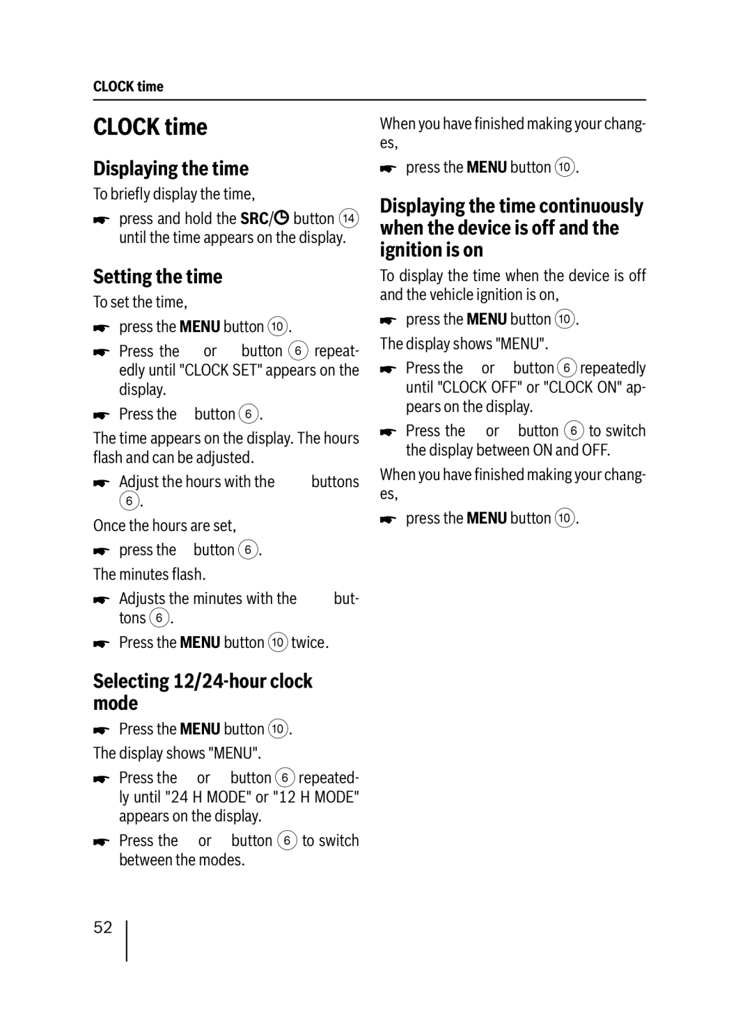 Blaupunkt MP27 operating instructions Clock time, Displaying the time, Setting the time, Selecting 12/24-hour clock mode 