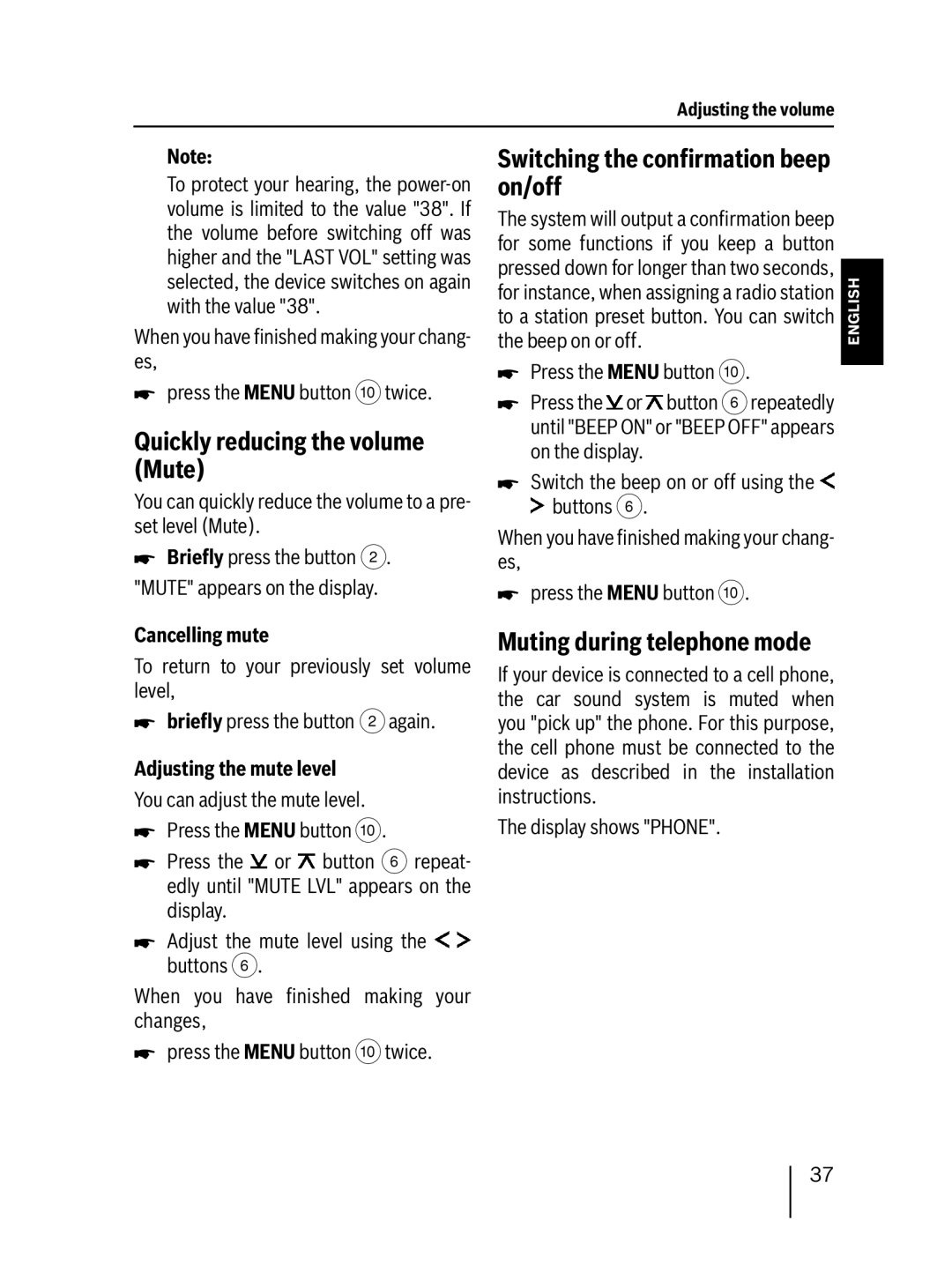 Blaupunkt MP27 Quickly reducing the volume Mute, Switching the conﬁrmation beep on/off, Muting during telephone mode 