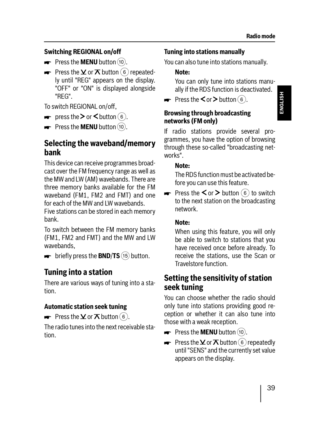 Blaupunkt MP27 operating instructions Selecting the waveband/memory bank, Tuning into a station, Switching Regional on/off 