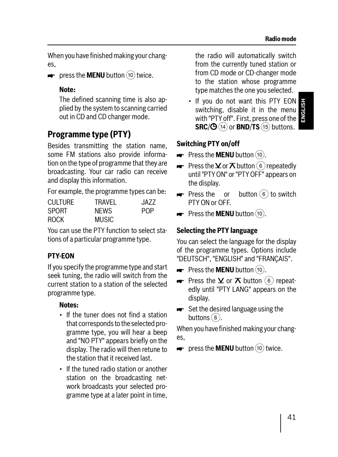 Blaupunkt MP27 operating instructions Programme type PTY, Switching PTY on/off, Selecting the PTY language 