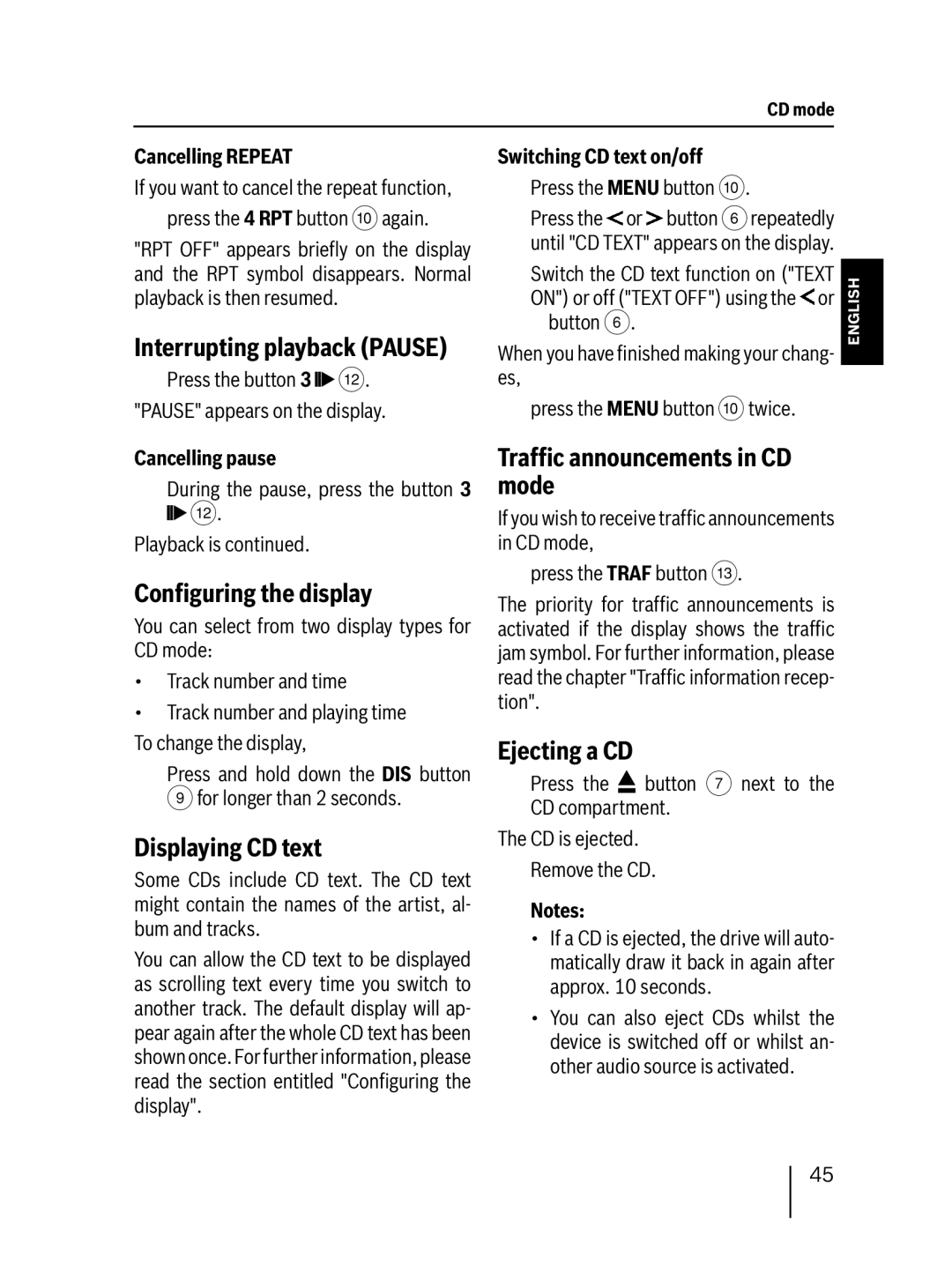 Blaupunkt MP27 Conﬁguring the display, Displaying CD text, Trafﬁc announcements in CD mode, Ejecting a CD 