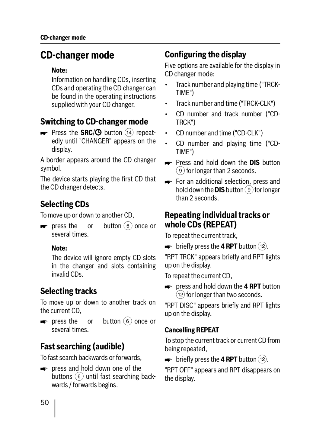 Blaupunkt MP27 Selecting CDs, Switching to CD-changer mode, Repeating individual tracks or whole CDs Repeat 