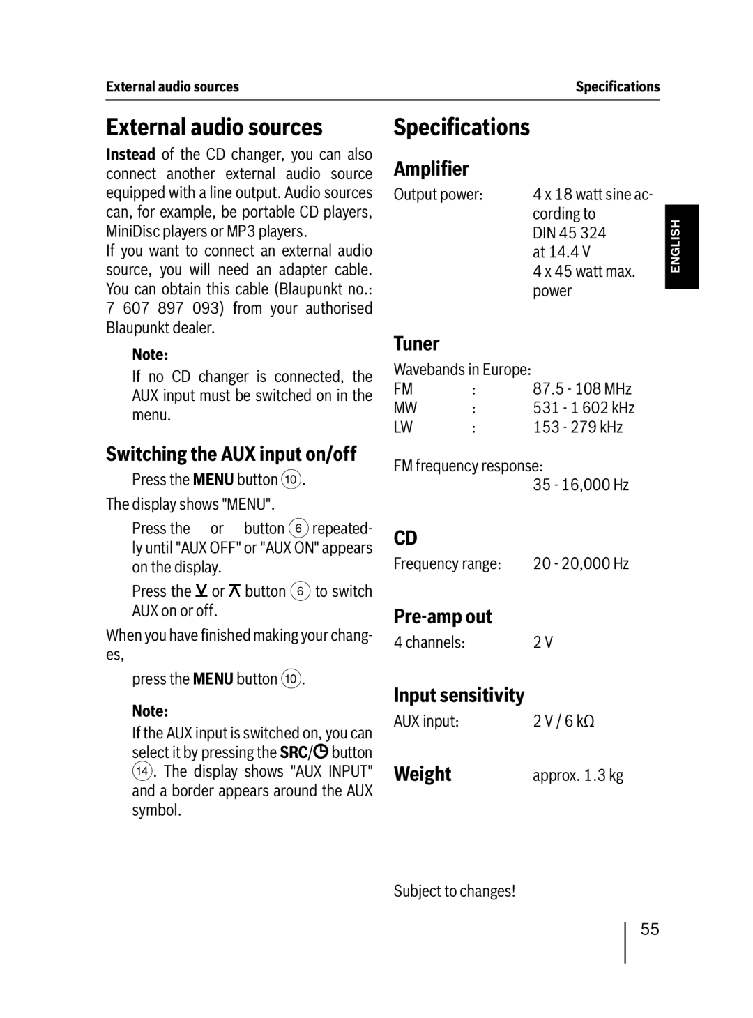 Blaupunkt MP27 operating instructions External audio sources, Speciﬁcations 