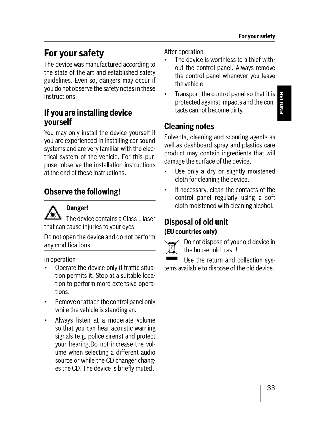 Blaupunkt MP27 For your safety, If you are installing device yourself, Observe the following, Cleaning notes 