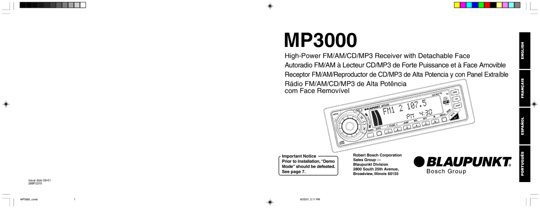 Blaupunkt MP3000 manual Issue date 08-01 288F0370 