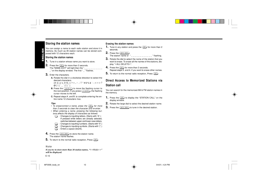 Blaupunkt MP3000 manual Storing the station names, Direct Access to Memorized Stations via Station call 