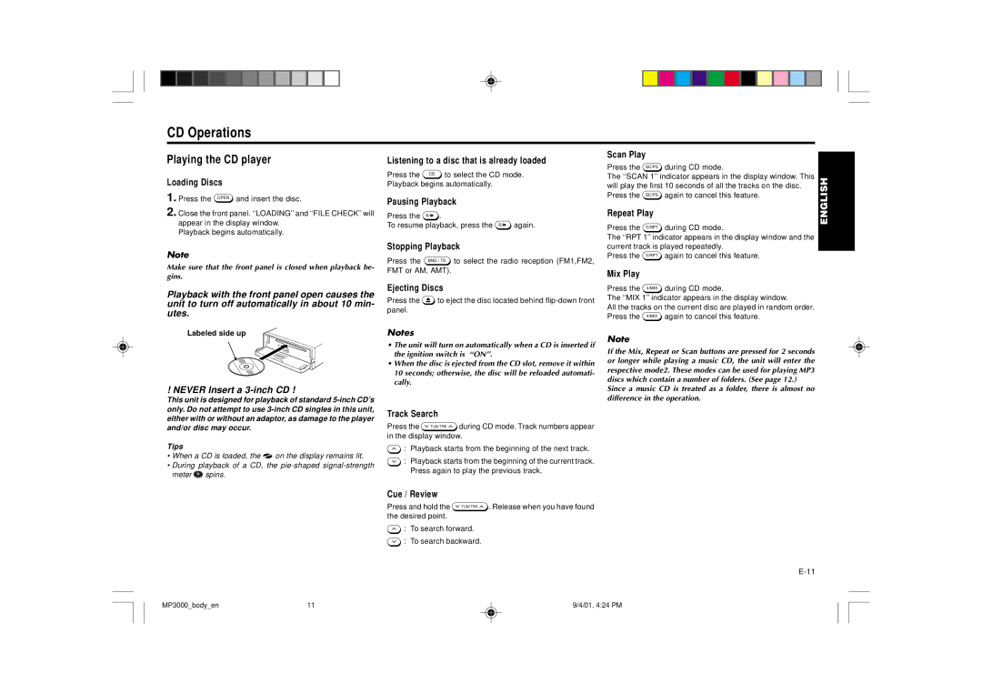 Blaupunkt MP3000 manual CD Operations, Playing the CD player 