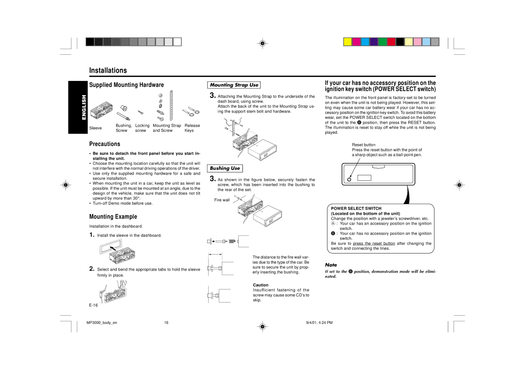 Blaupunkt MP3000 manual Installations, Supplied Mounting Hardware, Precautions, Mounting Example 