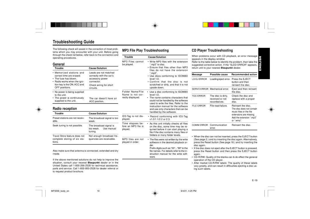 Blaupunkt MP3000 Troubleshooting Guide, MP3 File Play Troubleshooting, CD Player Troubleshooting, General, Radio reception 