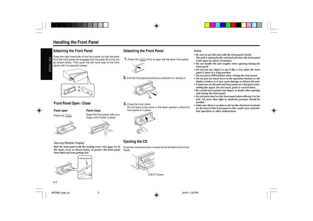 Blaupunkt MP3000 Handling the Front Panel, Attaching the Front Panel, Detaching the Front Panel, Front Panel Open / Close 