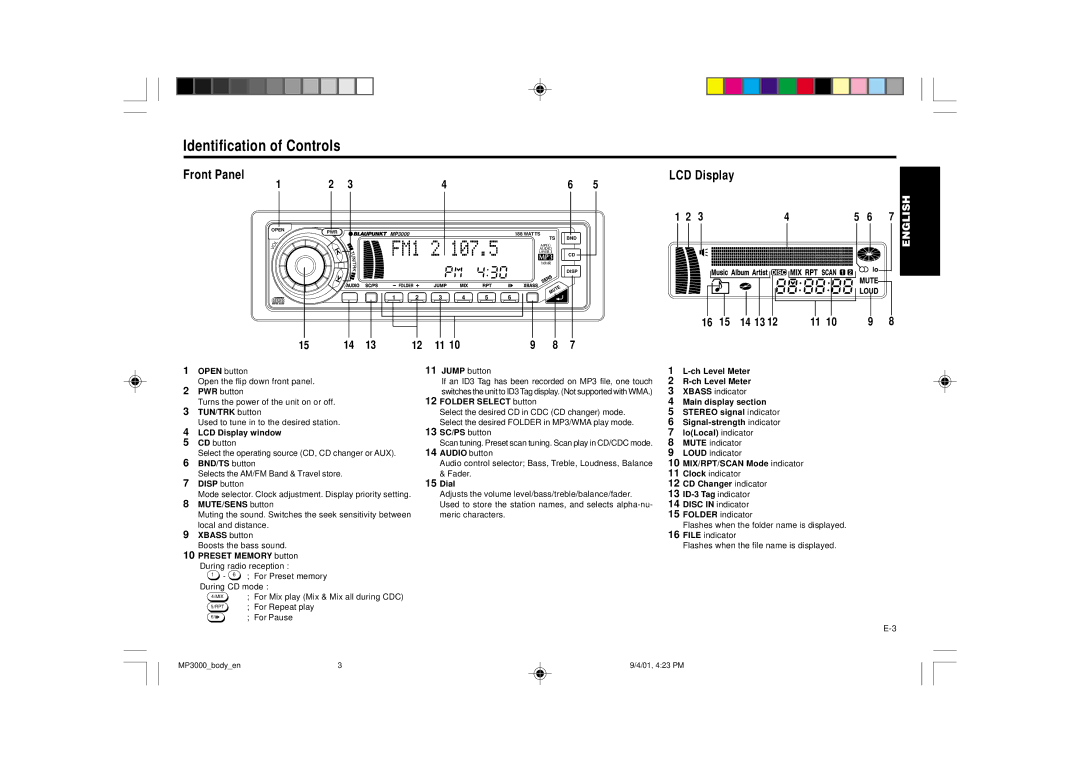 Blaupunkt MP3000 manual Identification of Controls, Front Panel LCD Display 