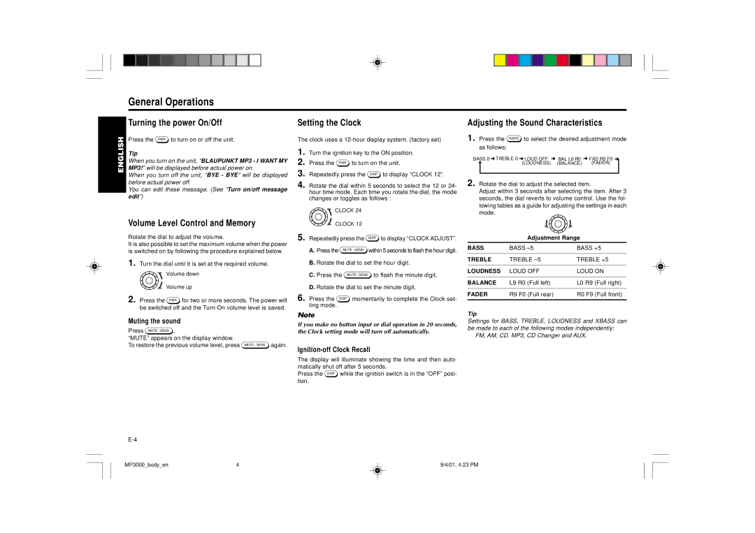 Blaupunkt MP3000 manual General Operations, Turning the power On/Off, Volume Level Control and Memory, Setting the Clock 