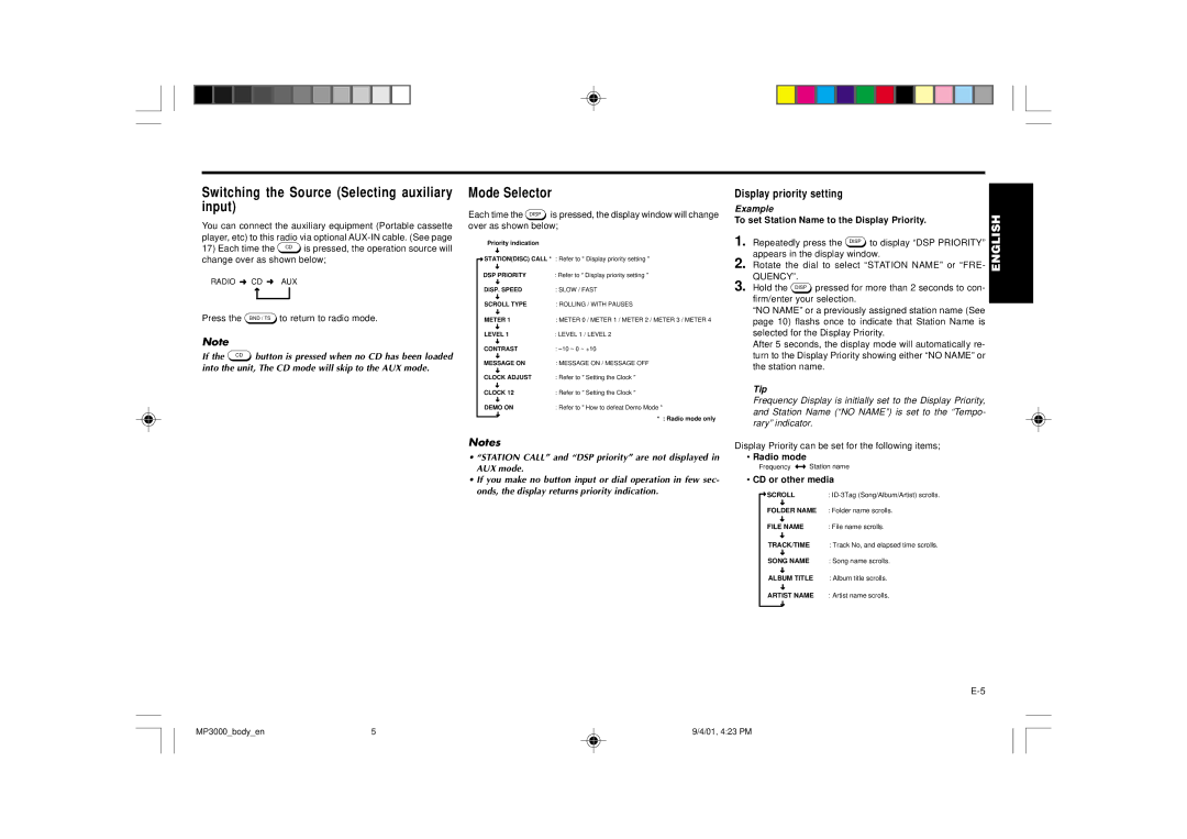 Blaupunkt MP3000 manual Switching the Source Selecting auxiliary input, Mode Selector 