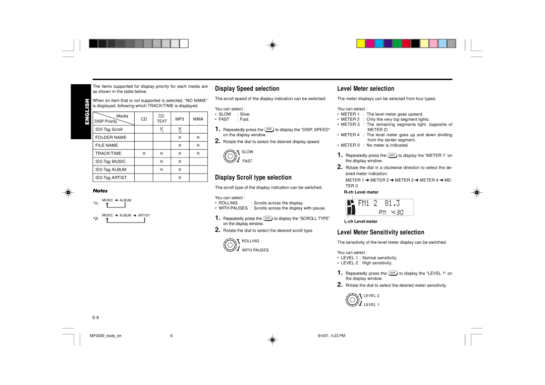 Blaupunkt MP3000 manual Display Speed selection, Display Scroll type selection, Level Meter selection 