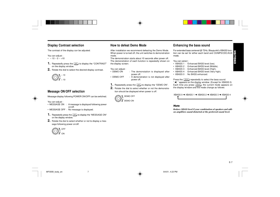 Blaupunkt MP3000 Display Contrast selection, Message ON/OFF selection, How to defeat Demo Mode, Enhancing the bass sound 