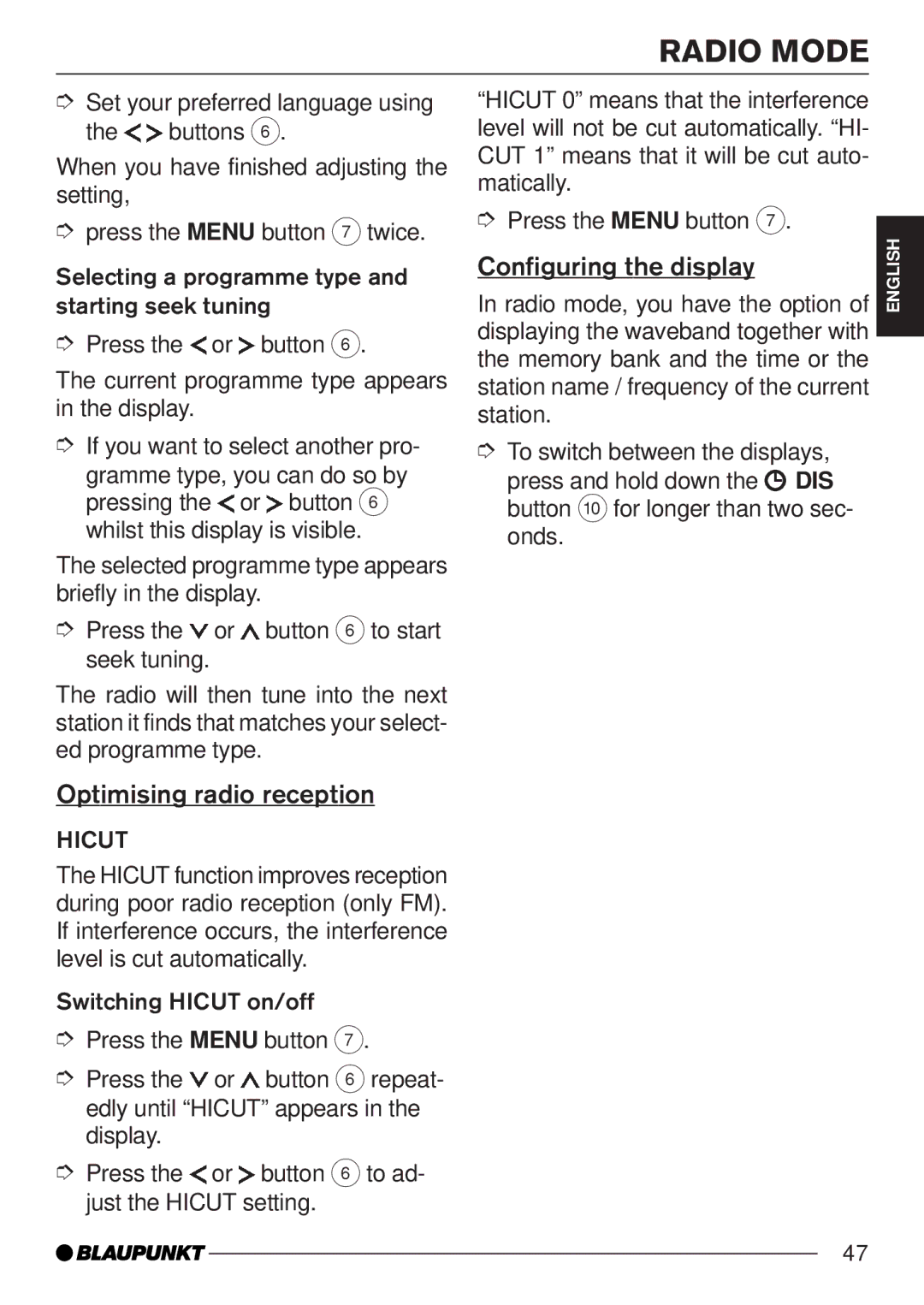 Blaupunkt MP35 operating instructions Configuring the display, Optimising radio reception 