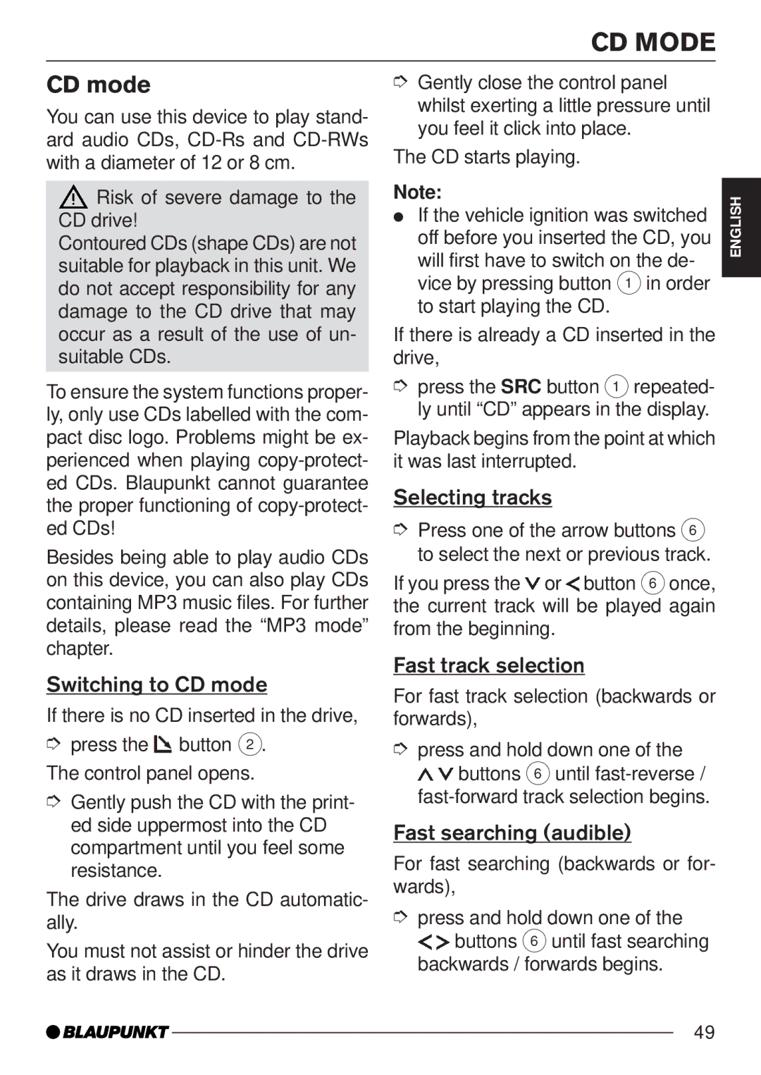 Blaupunkt MP35 operating instructions CD Mode, CD mode 