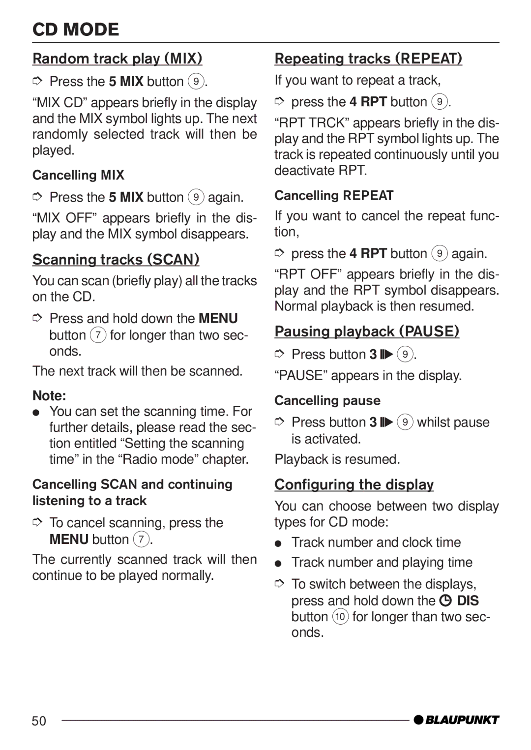 Blaupunkt MP35 Random track play MIX, Scanning tracks Scan, Repeating tracks Repeat, Pausing playback Pause 