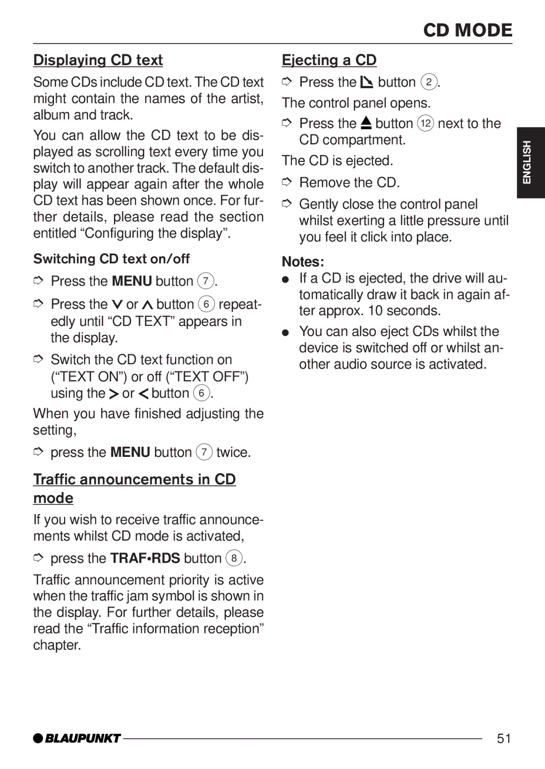 Blaupunkt MP35 operating instructions Displaying CD text, Traffic announcements in CD mode, Ejecting a CD 