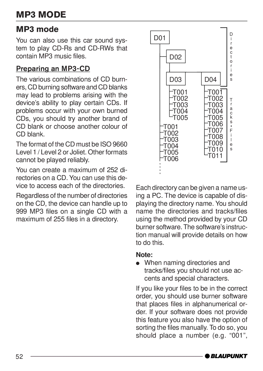 Blaupunkt MP35 operating instructions MP3 Mode, MP3 mode, Preparing an MP3-CD 