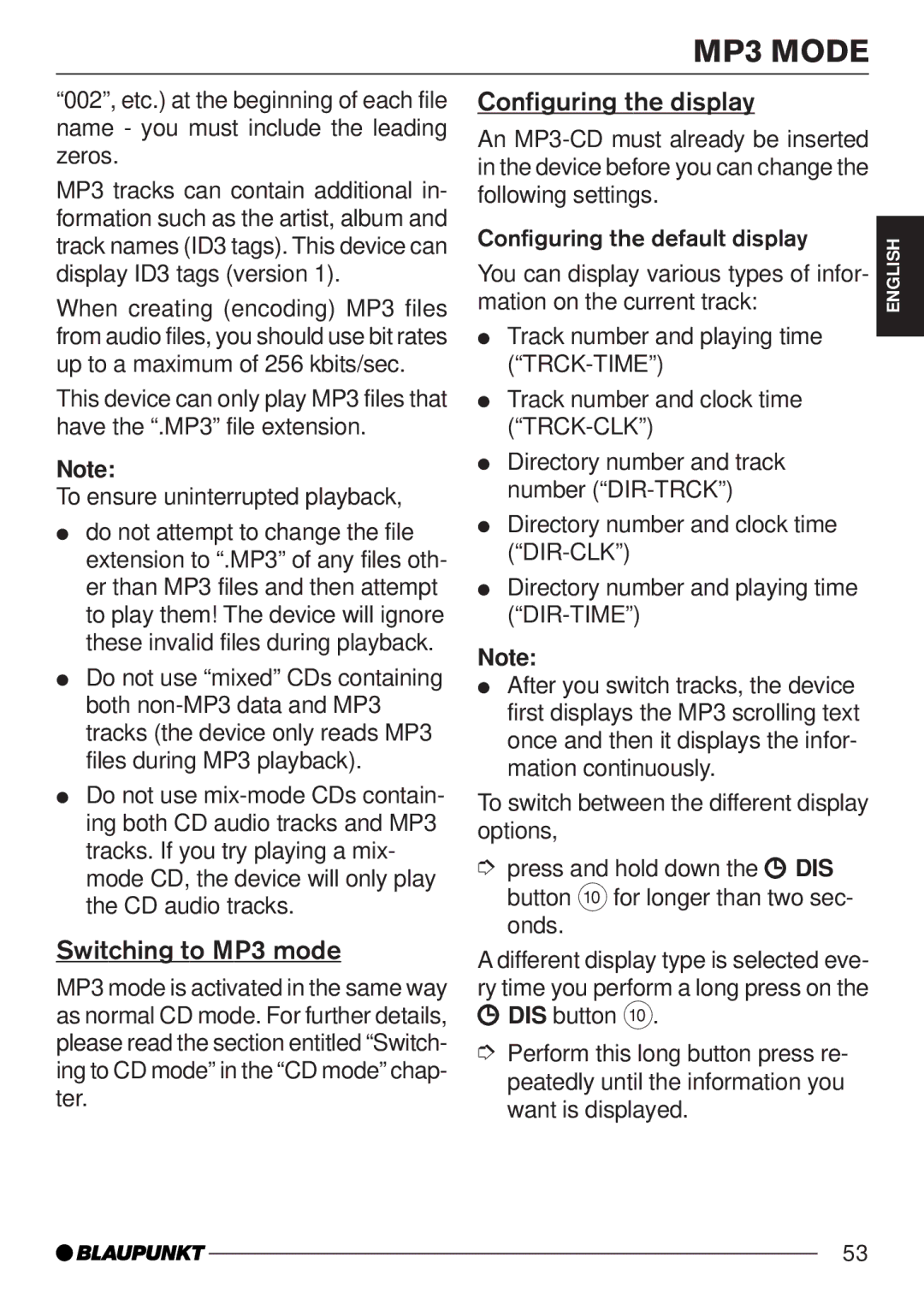 Blaupunkt MP35 operating instructions Configuring the display, Switching to MP3 mode 