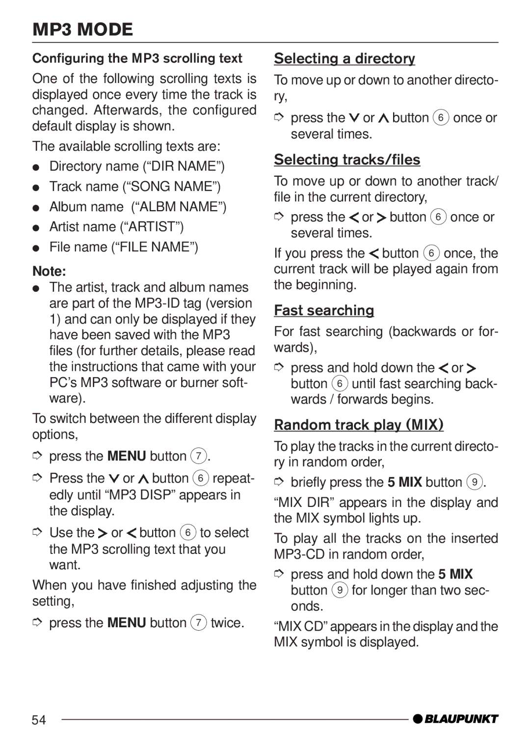 Blaupunkt MP35 operating instructions Selecting a directory, Selecting tracks/files, Fast searching 