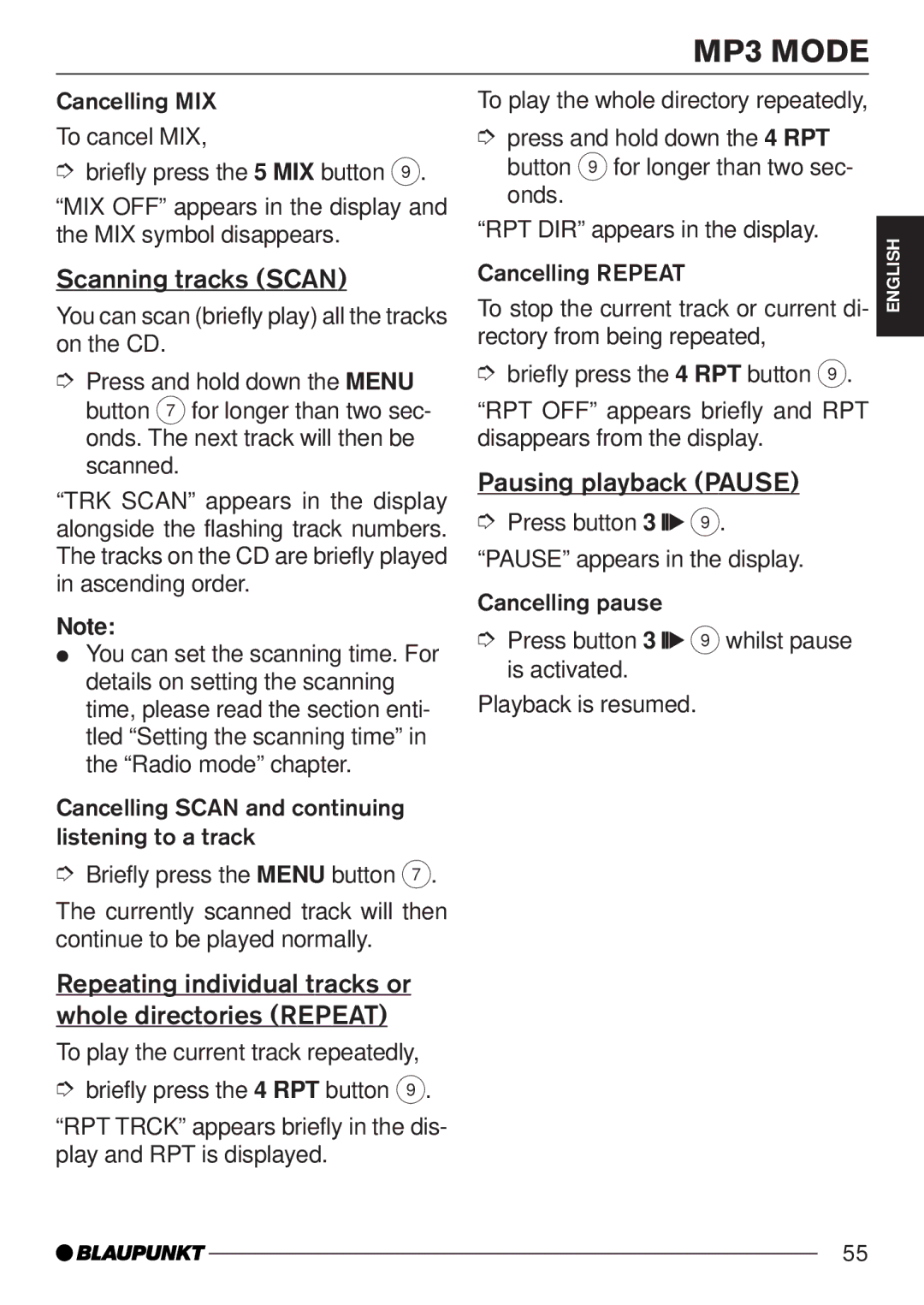 Blaupunkt MP35 operating instructions Scanning tracks Scan, Repeating individual tracks or whole directories Repeat 