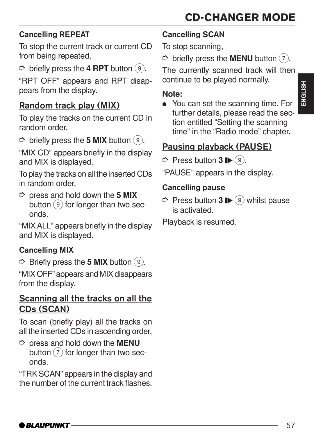 Blaupunkt MP35 operating instructions Random track play MIX, Scanning all the tracks on all the CDs Scan 