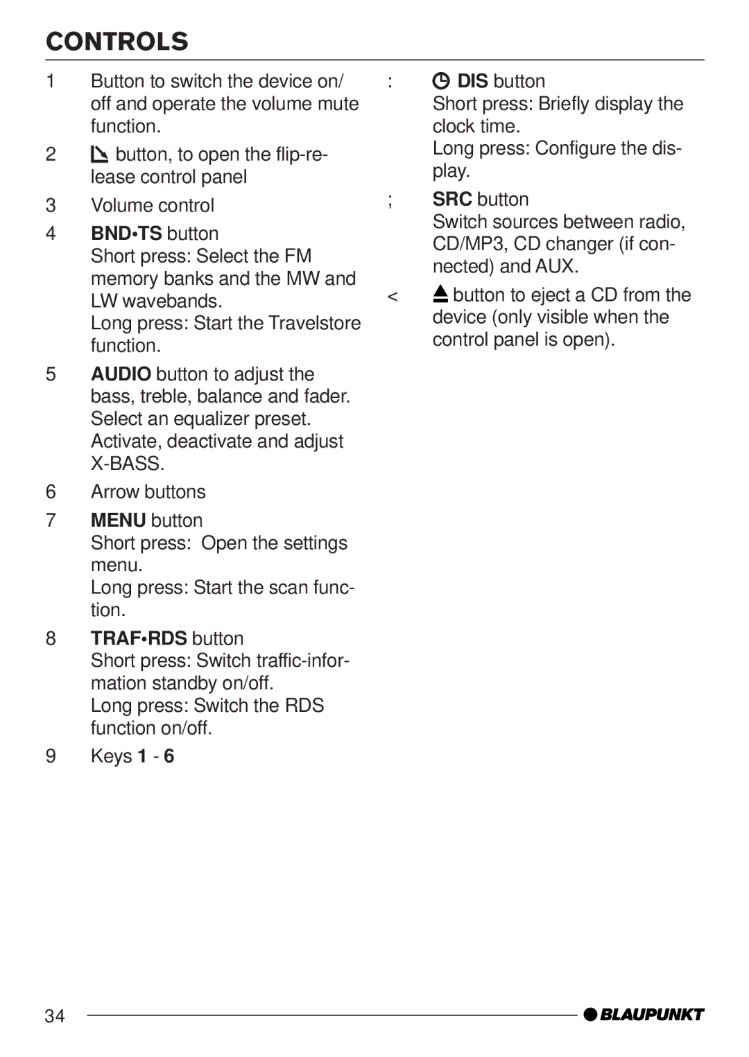 Blaupunkt MP35 operating instructions Controls, Bndts button 